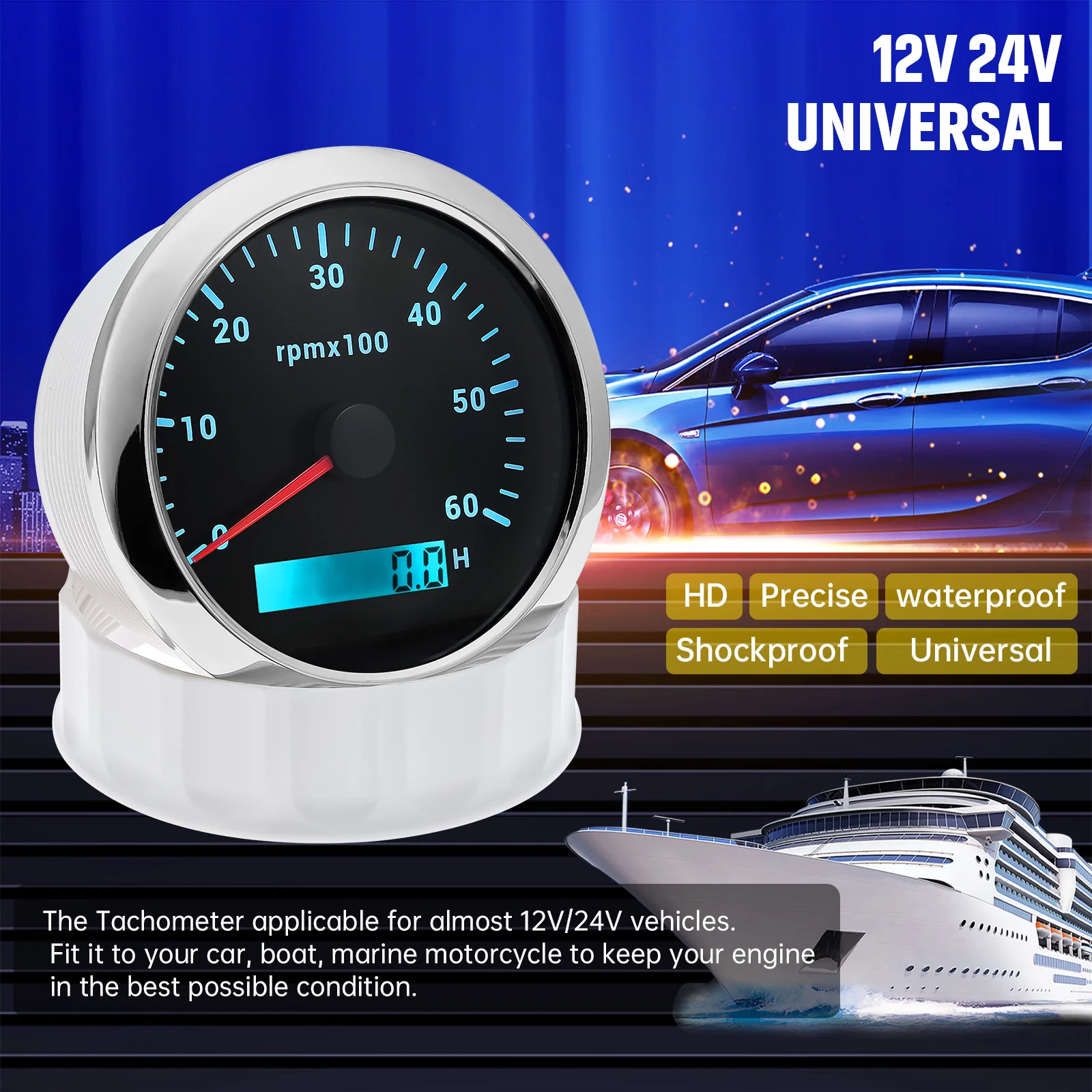 85MM Digital Tachometer 3000/4000/6000/7000/8000 RPM 7Colors Backlight Boat Tachometer with LCD for Car Marine Boat Yacht RV