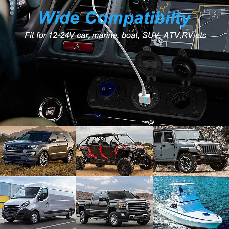 Cigarette Lighter Socket 12V Splitter with Rocker Toggle Switch PD&QC3.0 USB C Outlet with LED Voltmeter Waterproof for Car Boat