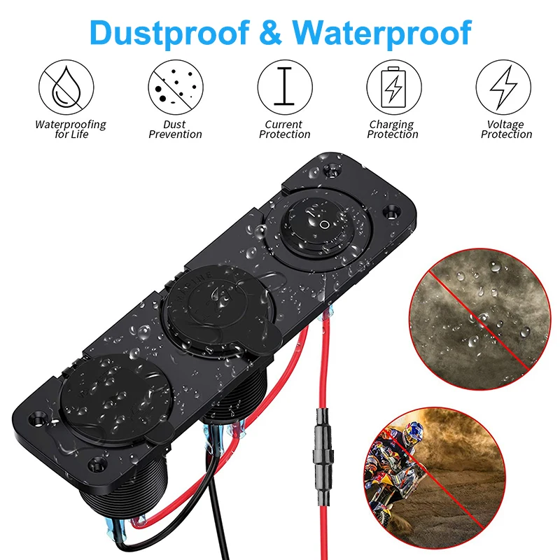 Cigarette Lighter Socket 12V Splitter with Rocker Toggle Switch PD&QC3.0 USB C Outlet with LED Voltmeter Waterproof for Car Boat