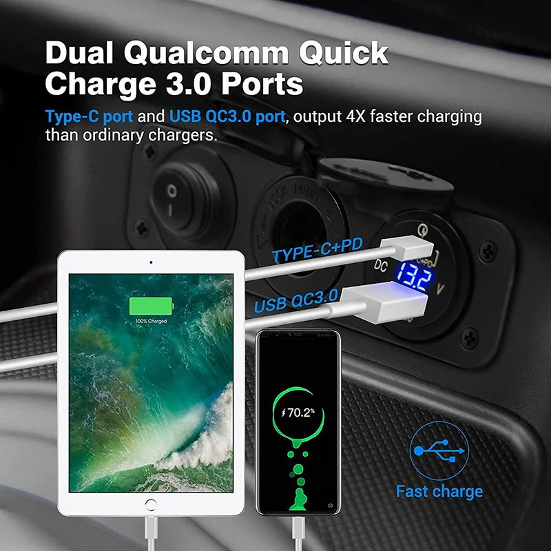 Cigarette Lighter Socket 12V Splitter with Rocker Toggle Switch PD&QC3.0 USB C Outlet with LED Voltmeter Waterproof for Car Boat
