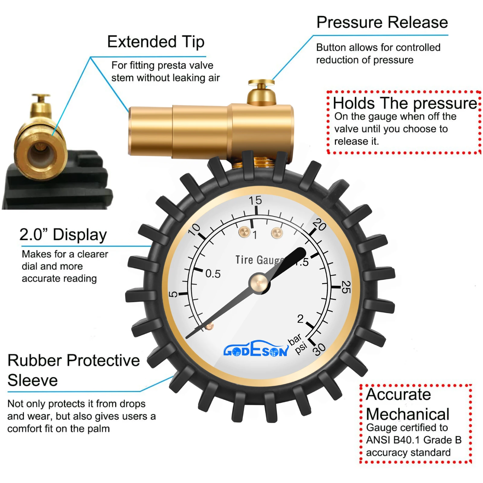 ATsafepro Presta Valve Pressure Gauge Air Pressure Relief for Road Bicycle Tires Range to 160 PSI 30 BAR Bike Pressure Gauge