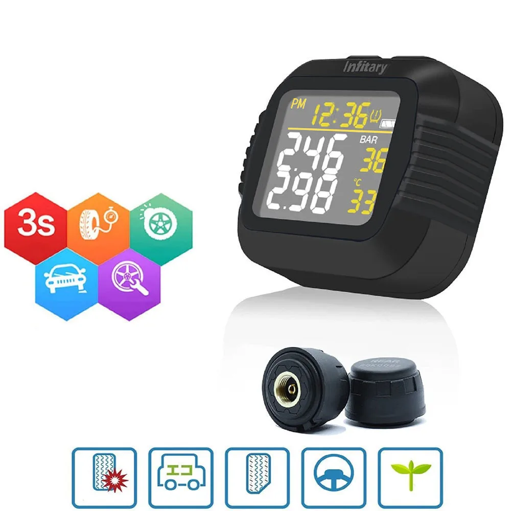 Infitary Motorcycle TPMS Tire Pressure Monitoring System Big Wireless LCD Colorful Display Shift For Status Precise Digital Moto
