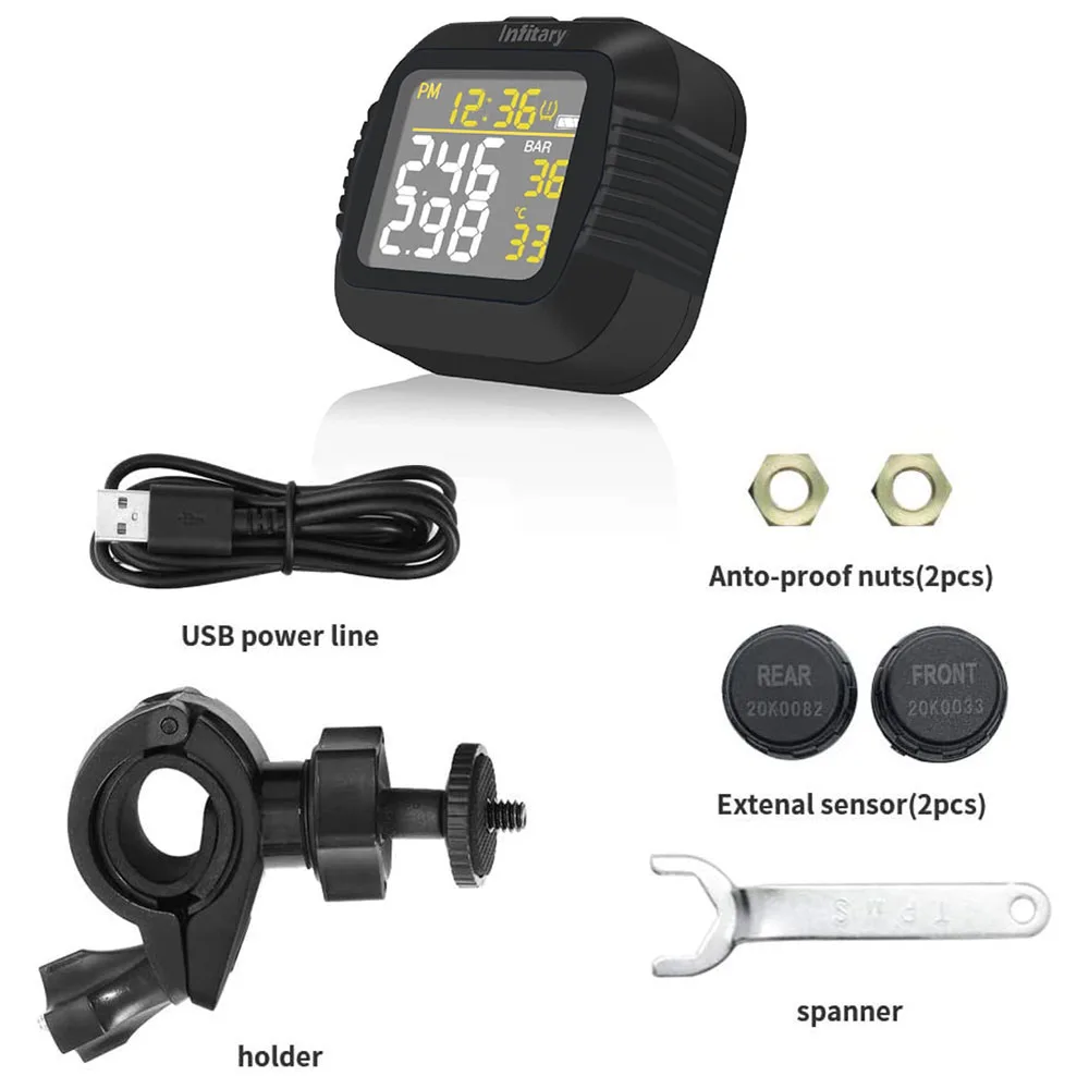 Infitary Motorcycle TPMS Tire Pressure Monitoring System Big Wireless LCD Colorful Display Shift For Status Precise Digital Moto