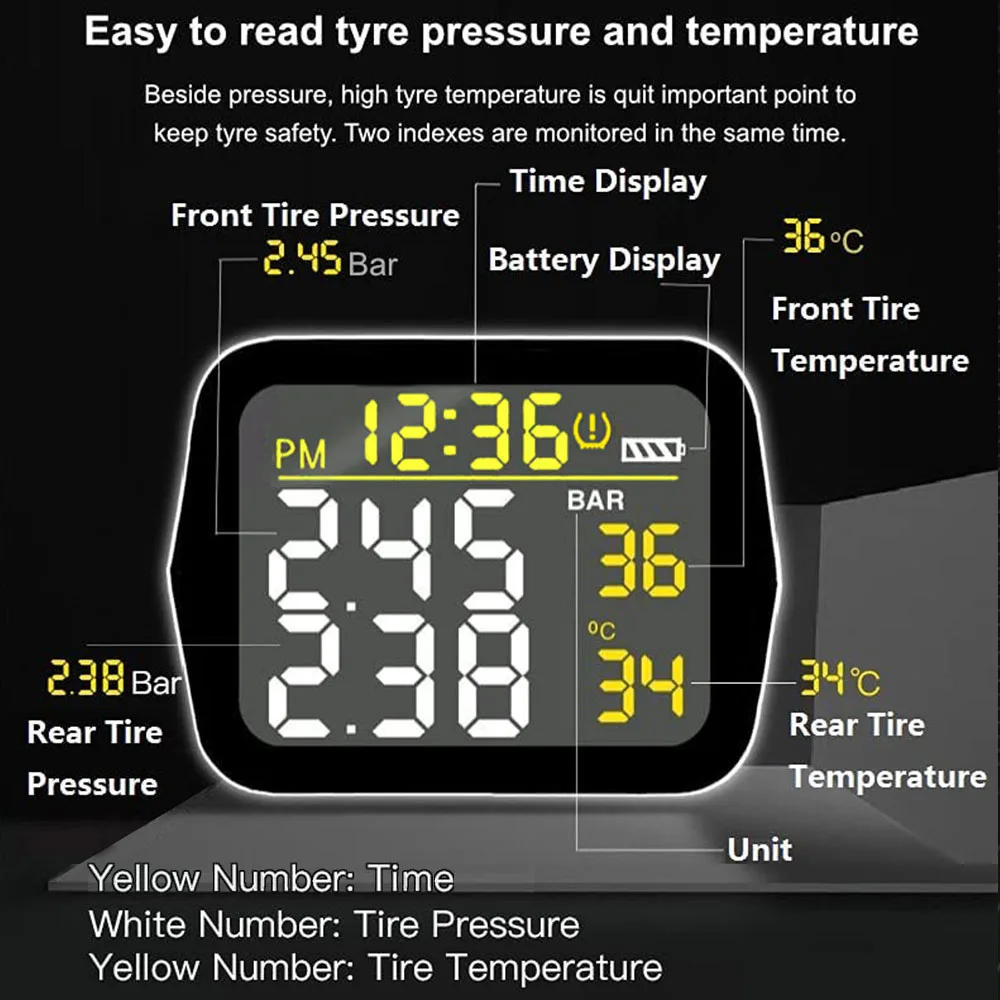 Infitary Motorcycle TPMS Tire Pressure Monitoring System Big Wireless LCD Colorful Display Shift For Status Precise Digital Moto