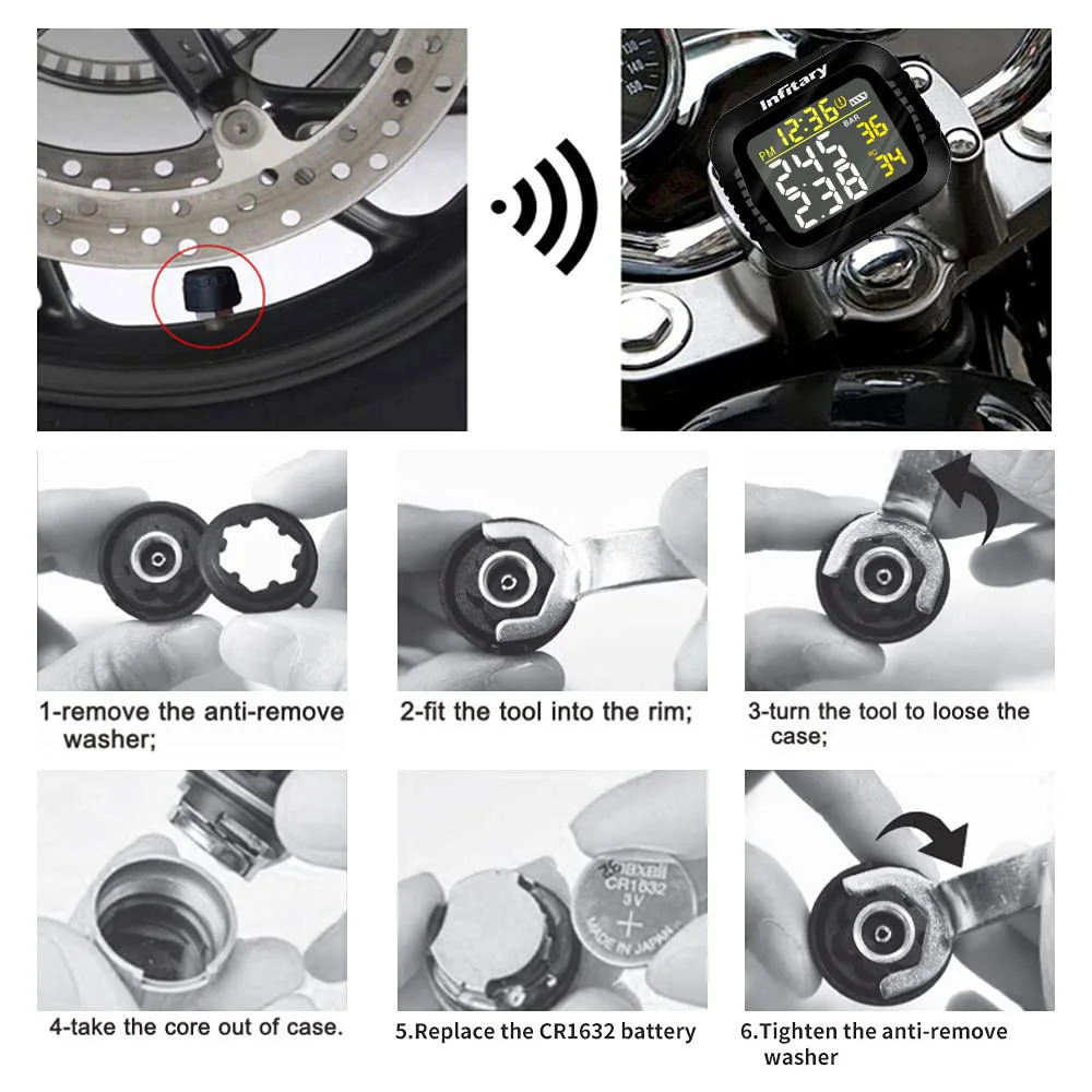 Infitary Motorcycle TPMS Tire Pressure Monitoring System Big Wireless LCD Colorful Display Shift For Status Precise Digital Moto