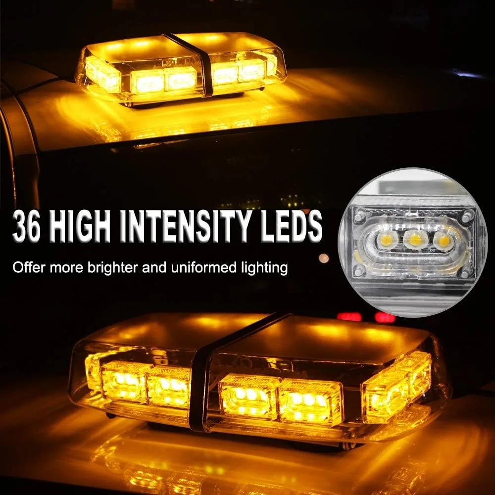 12" 36 LED 18 Watts Emergency Hazard Warning Security Roof Top Flash Strobe Mini Light Bar with Magnetic Mount, for Plow or Tow