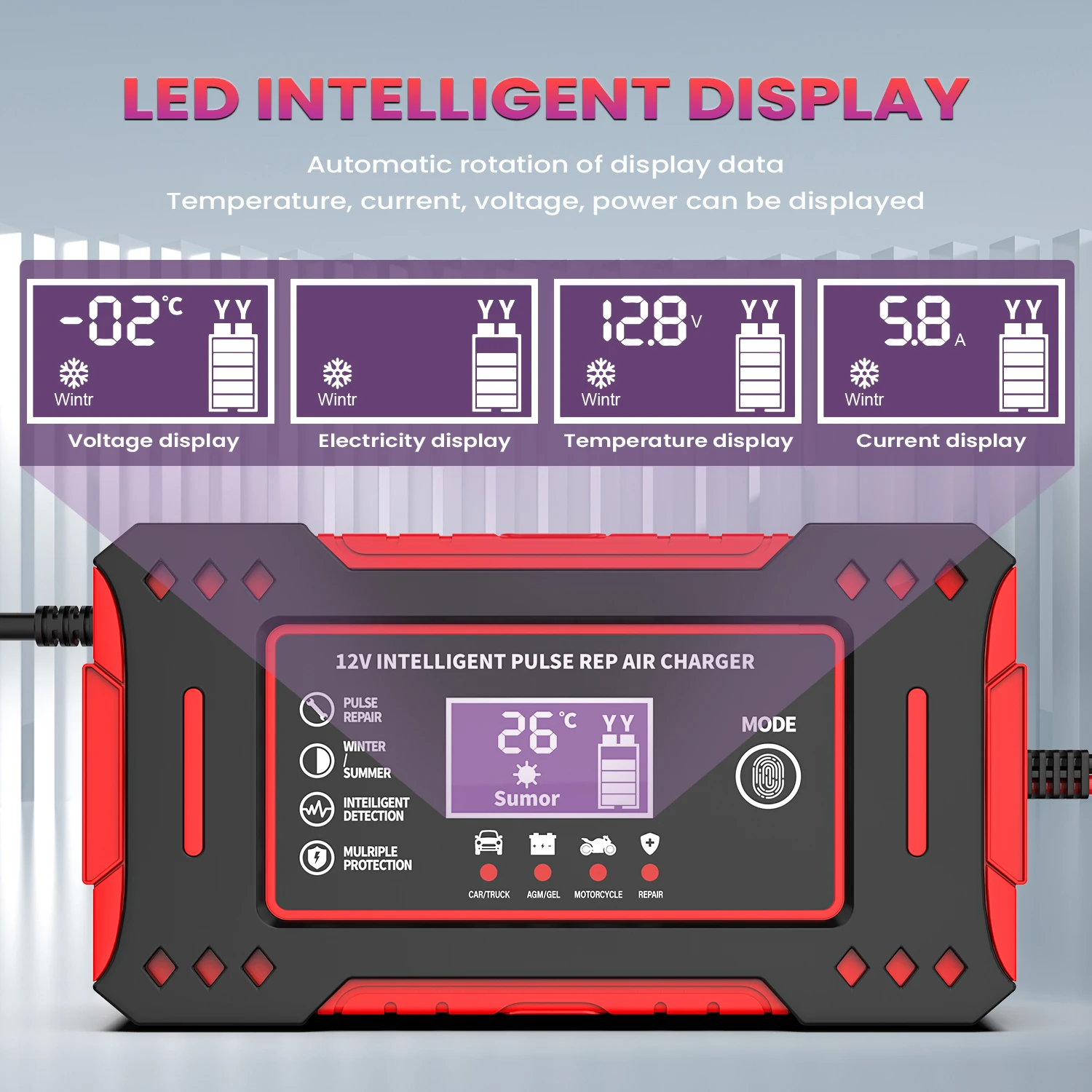 6A 12V Intelligent Car Battery Charger Car and Motorcycle Battery Charging Unit Lead-Acid Battery Repair LCD Display