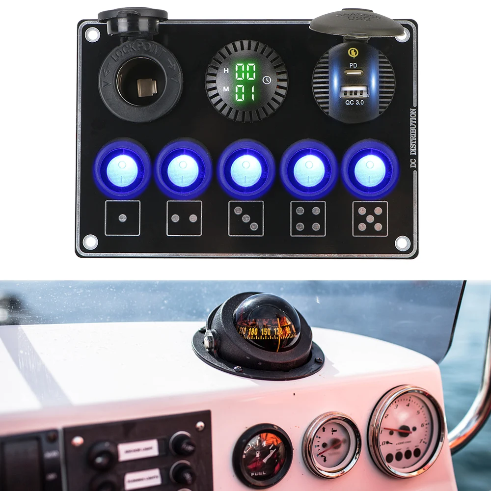 For RV Car Marine 12/24V LED Voltage Display Car Switch Panel 5 Gang