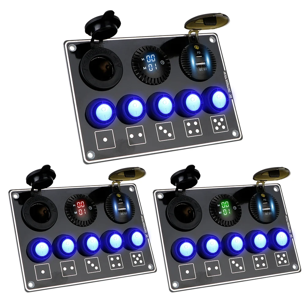 For RV Car Marine 12/24V LED Voltage Display Car Switch Panel 5 Gang