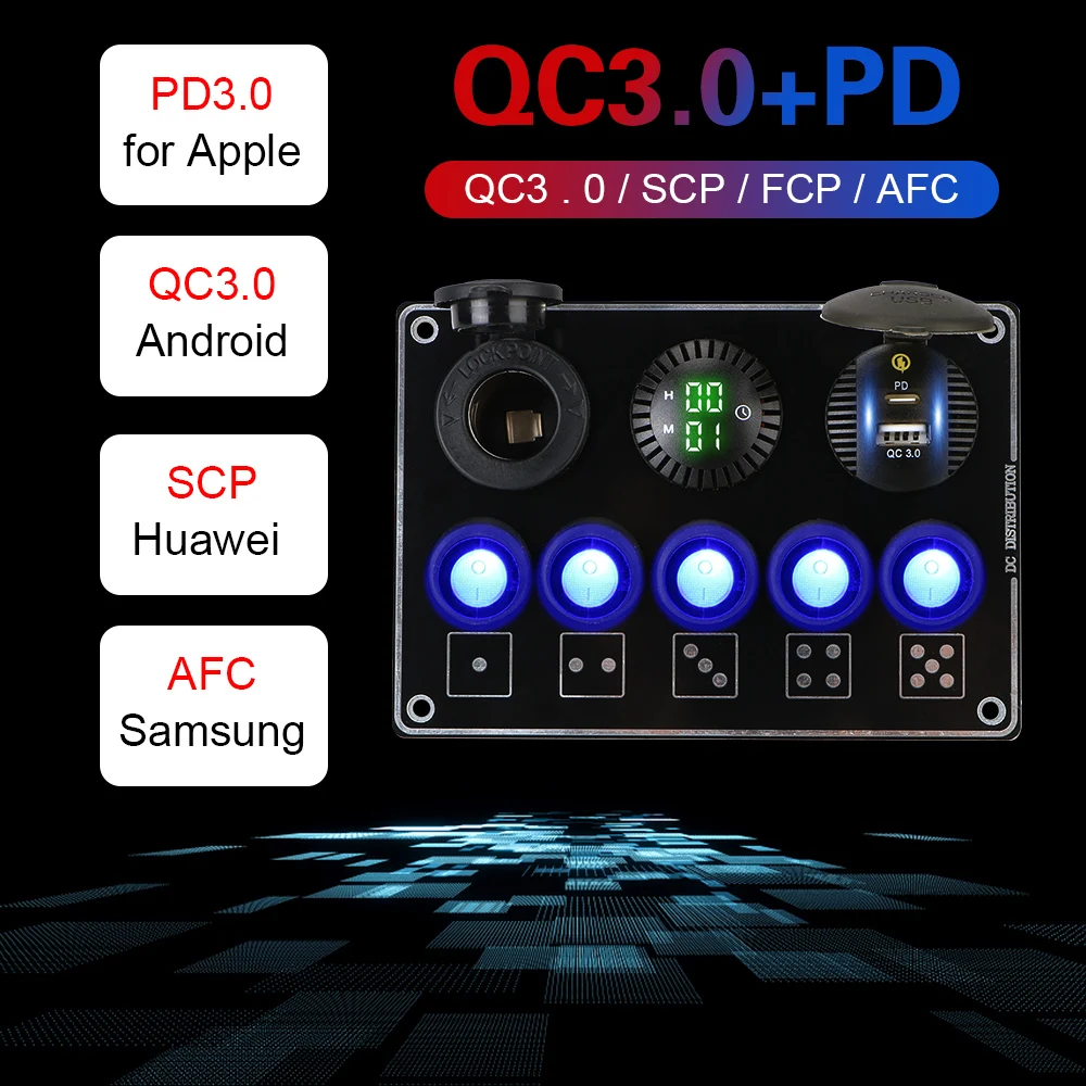 For RV Car Marine 12/24V LED Voltage Display Car Switch Panel 5 Gang