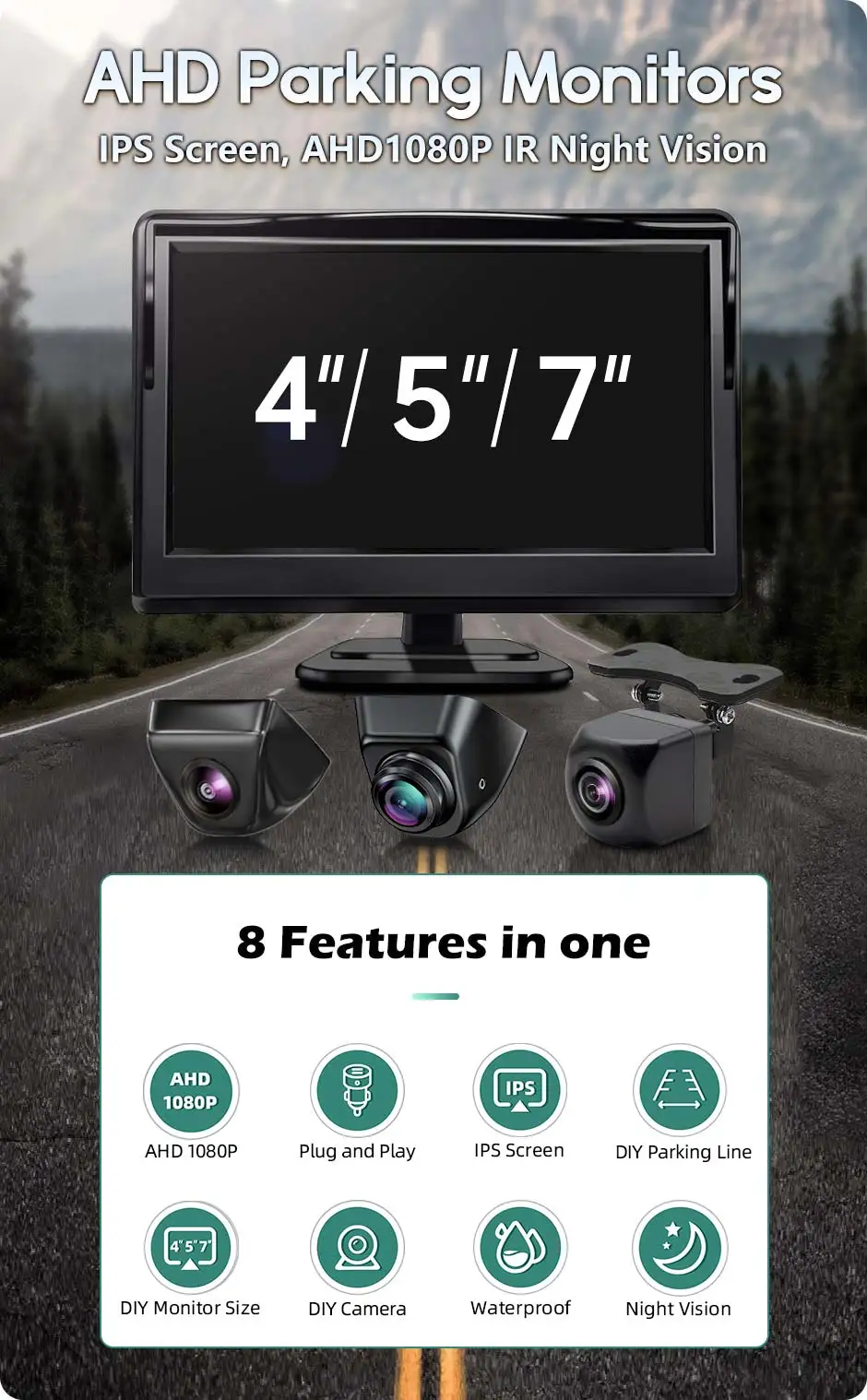 GreenYi 4.3/5/7 inch AHD IPS Monitor 1080P Night Vision Car Rear View Camera 170° Reverse Camera Night Vision Waterproof