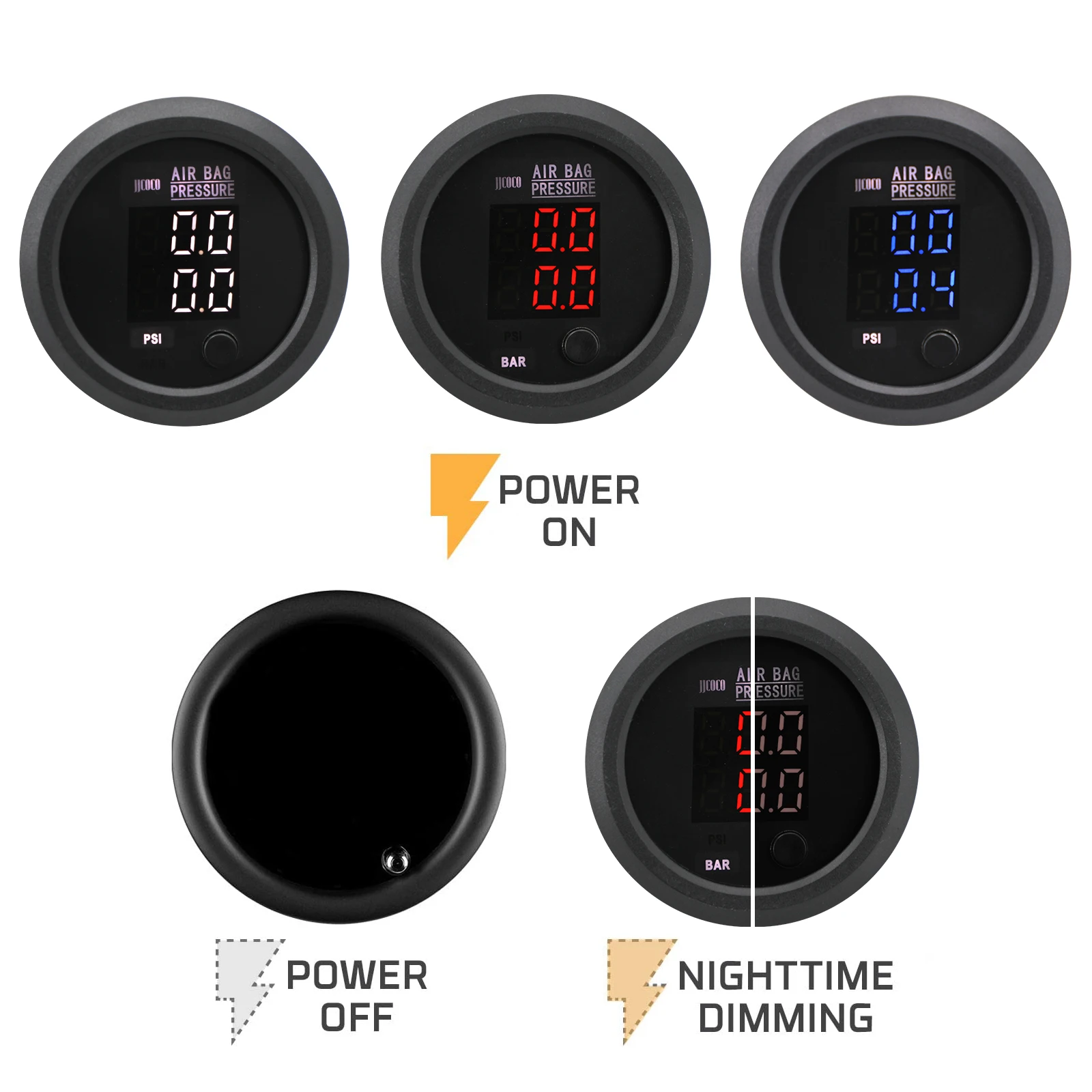 12/24V 0-232PSI/16BAR S-Series Ultra-Thin Round 52mm Dual Red&Blue&White LED Display Air Pressure Gauge FORAir Suspension System