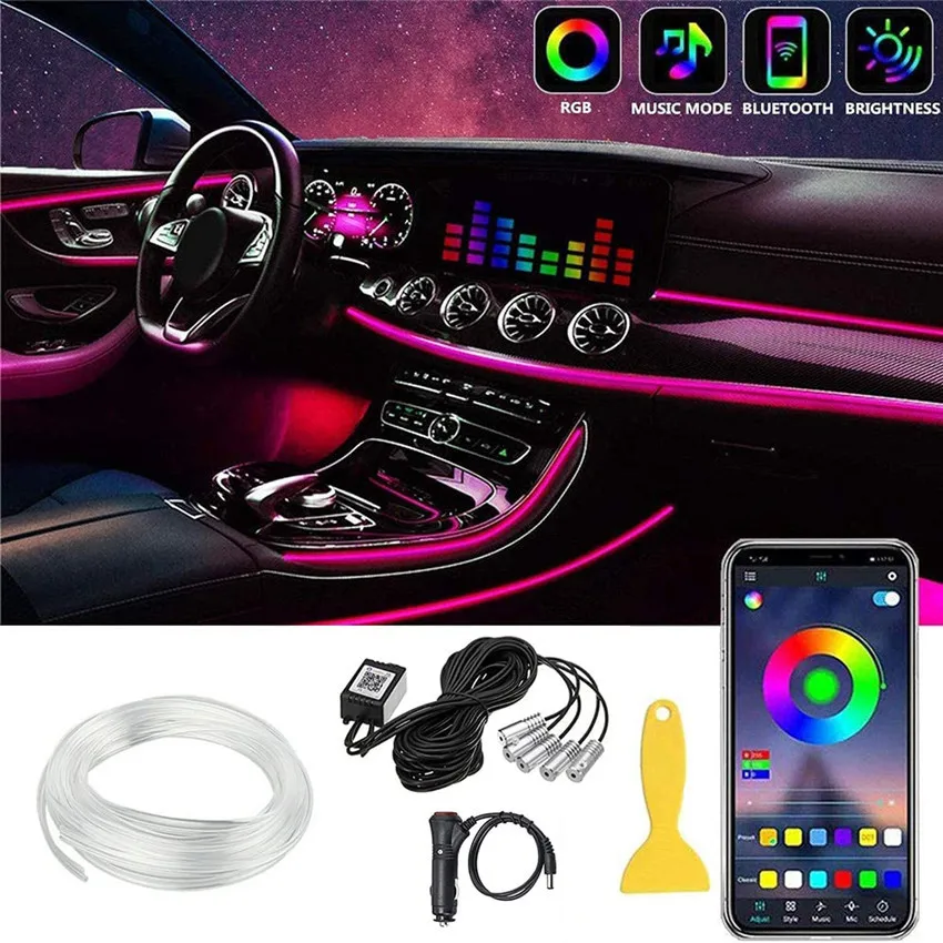 Car LED Interior Atmosphere Lights Universal RGB Ambient Light Optic Fiber APP Music Control Auto Decorative Neon Lamp