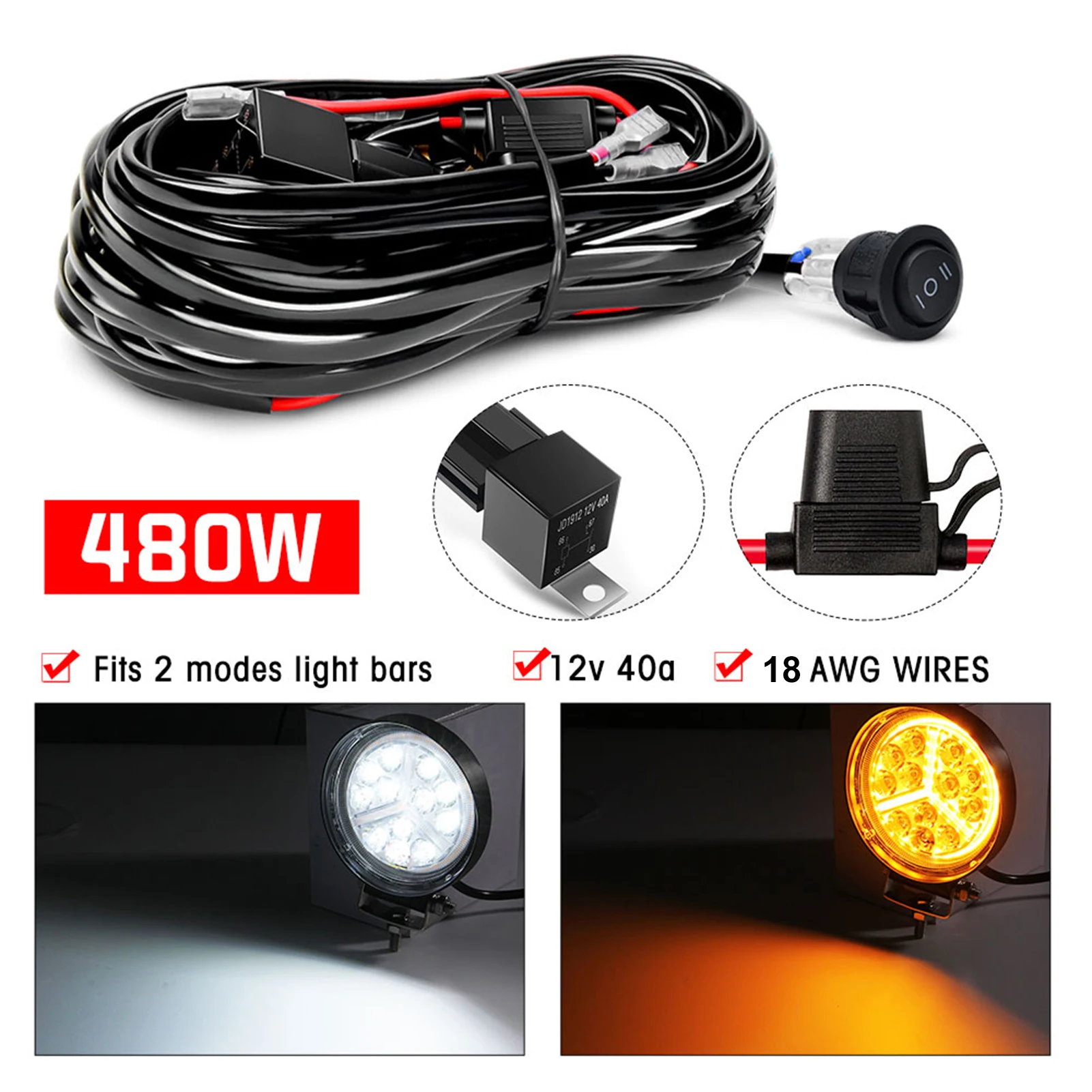 LED Light Bar Wiring Harness Kit, 480W 2 Leads 18 AWG LED Wiring Harness with 12V 40A Relay and Waterproof Control Switch