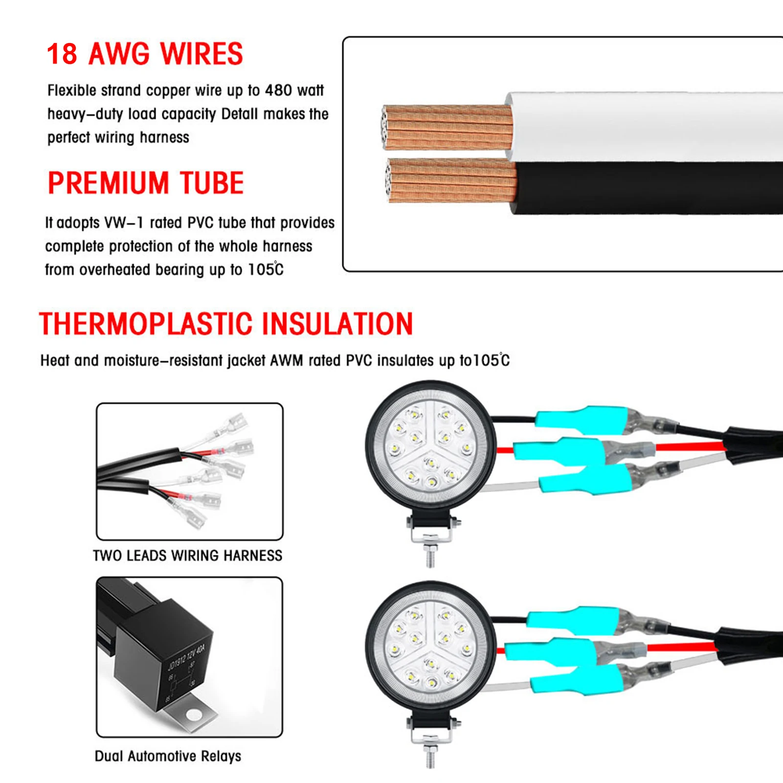 LED Light Bar Wiring Harness Kit, 480W 2 Leads 18 AWG LED Wiring Harness with 12V 40A Relay and Waterproof Control Switch