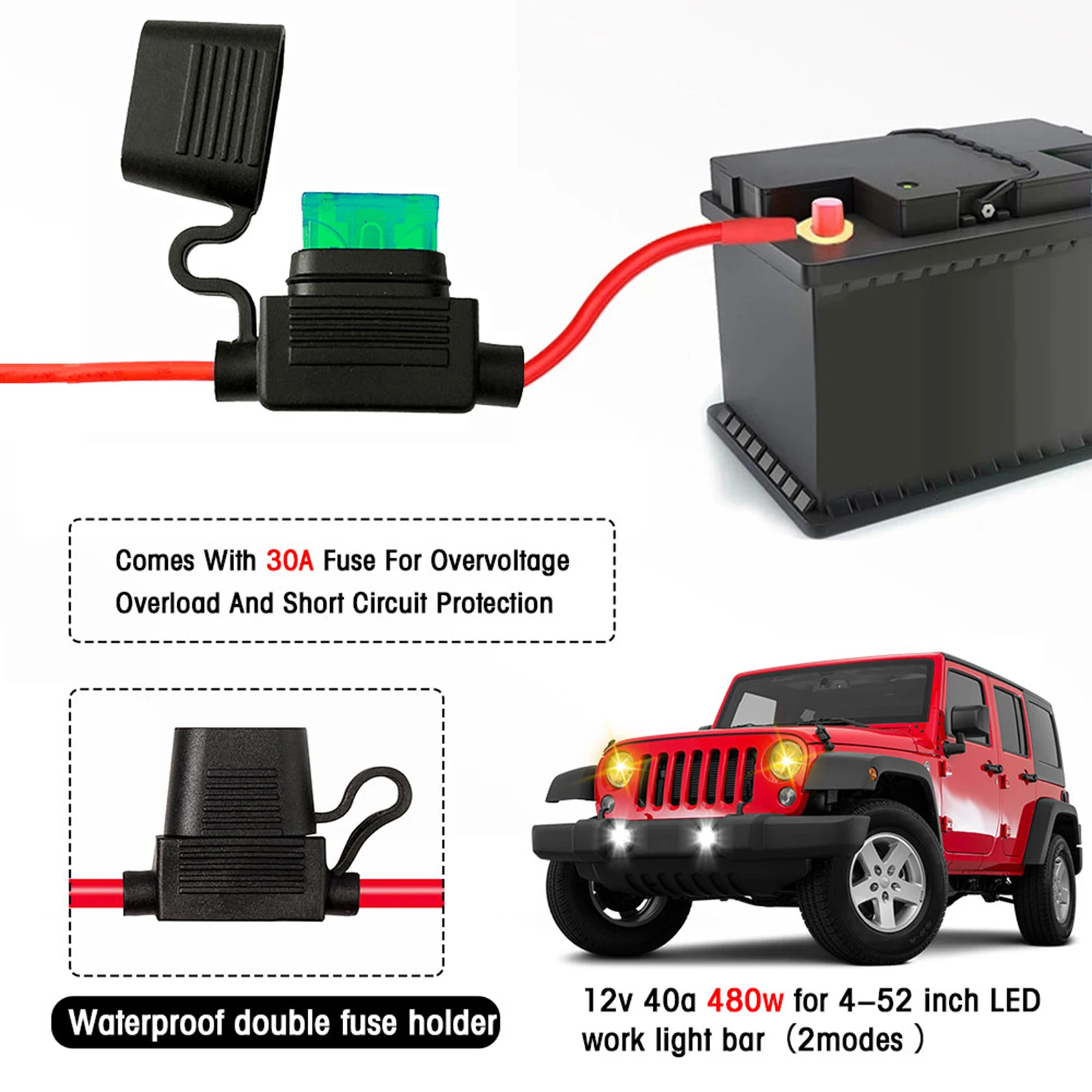 LED Light Bar Wiring Harness Kit, 480W 2 Leads 18 AWG LED Wiring Harness with 12V 40A Relay and Waterproof Control Switch