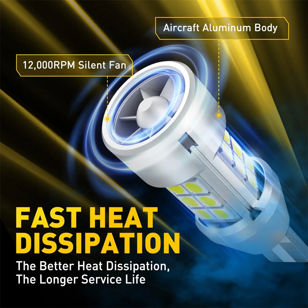 AUXITO 2Pcs W16W T15 LED Reverse Light 6500K White Canbus No Error Bulbs 2000LM 921 912 Backup Bulb Car Reversing Lamp with Fan