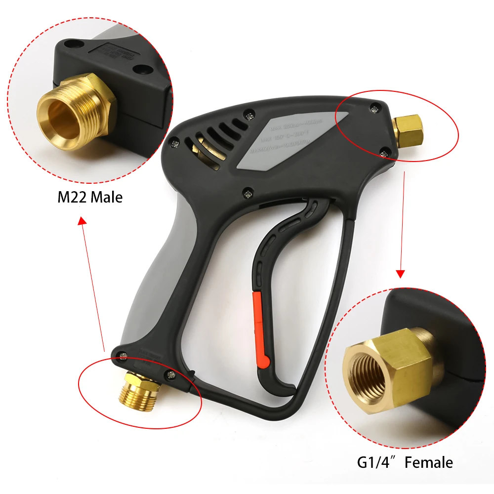 High Pressure Water Spray Gun 280bar 4000psi M22 Male + G1/4 Female for Professional Electric High Pressure Washers