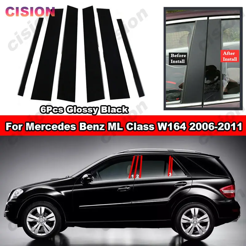 6x Glossy Black Car Door Center BC Pillar Post Cover Mirror Effect Trim For Mercedes Benz ML Class W164 Window Column PC Sticker