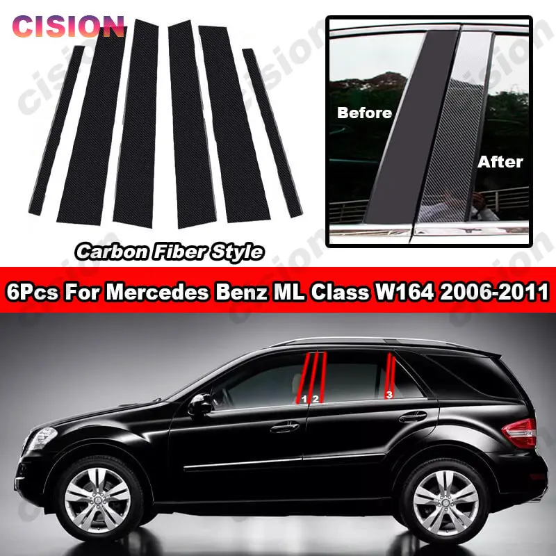 6x Glossy Black Car Door Center BC Pillar Post Cover Mirror Effect Trim For Mercedes Benz ML Class W164 Window Column PC Sticker