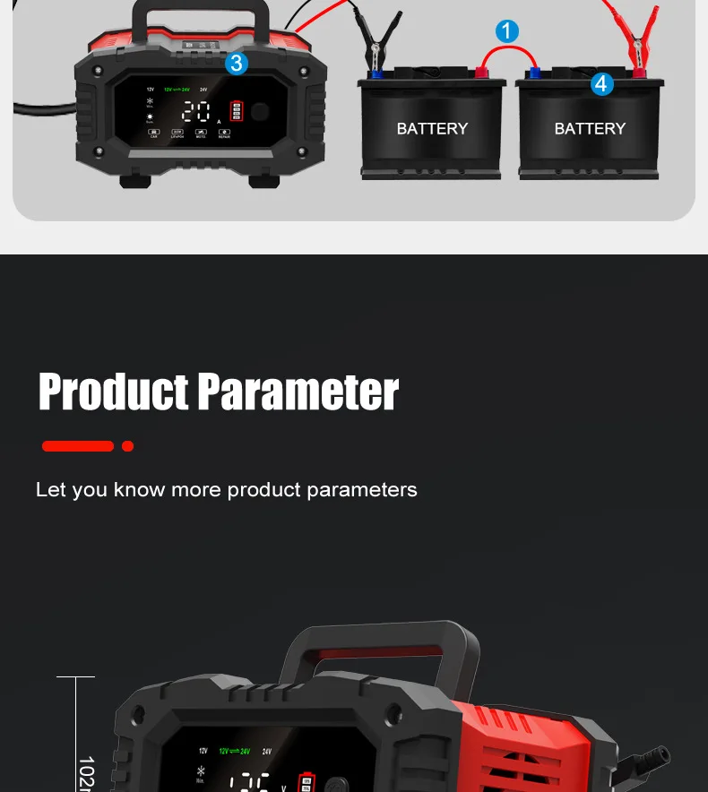 20A/10A Car Motorcycle Battery Charger 12V/24V Smart Charger Lithium AGM GEL Lead-Acid LiFePO4 Battery Chargers