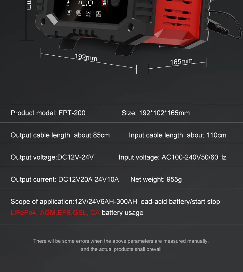 20A/10A Car Motorcycle Battery Charger 12V/24V Smart Charger Lithium AGM GEL Lead-Acid LiFePO4 Battery Chargers