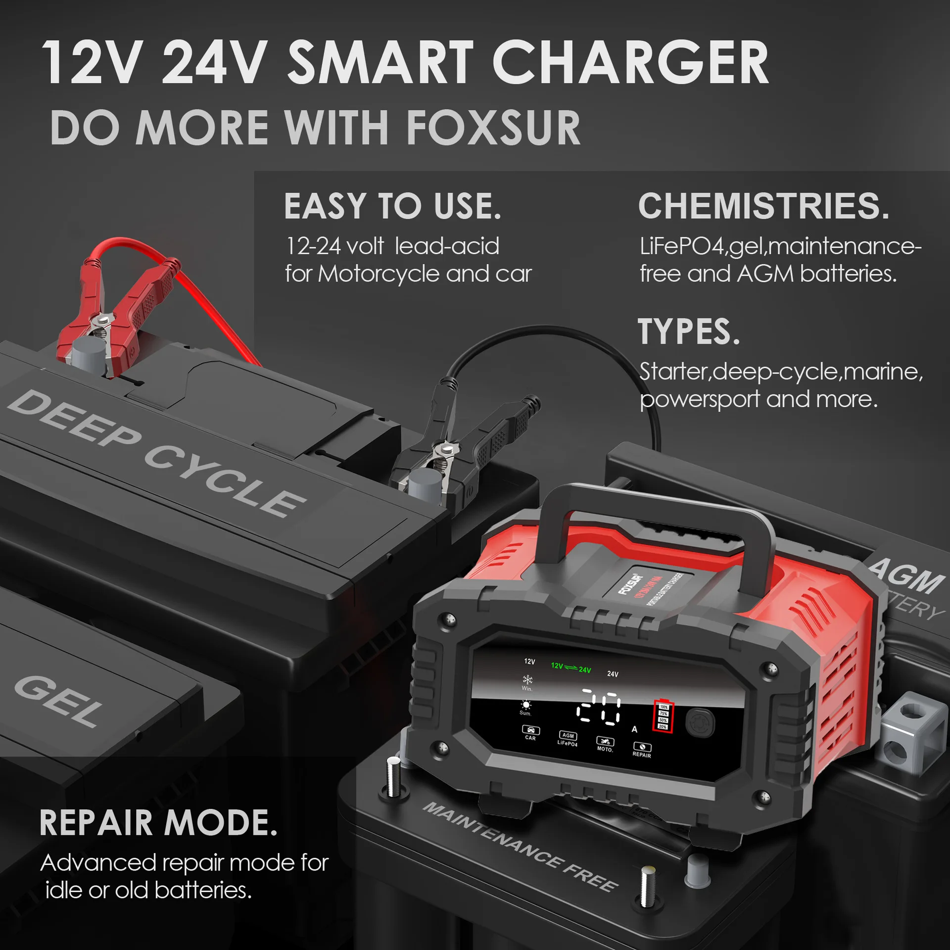 20A/10A Car Motorcycle Battery Charger 12V/24V Smart Charger Lithium AGM GEL Lead-Acid LiFePO4 Battery Chargers
