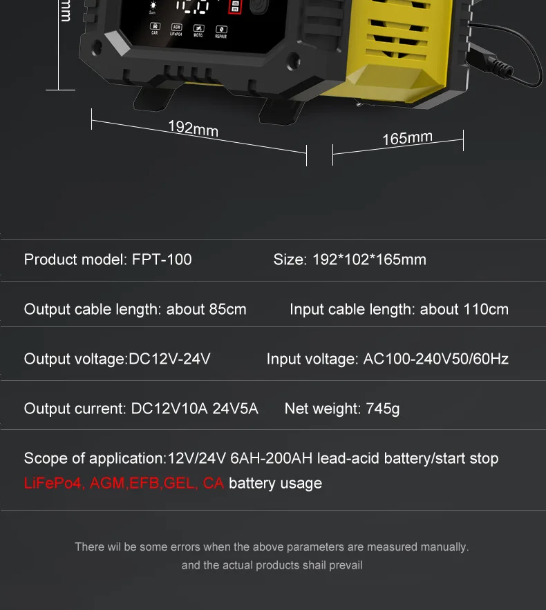 20A/10A Car Motorcycle Battery Charger 12V/24V Smart Charger Lithium AGM GEL Lead-Acid LiFePO4 Battery Chargers