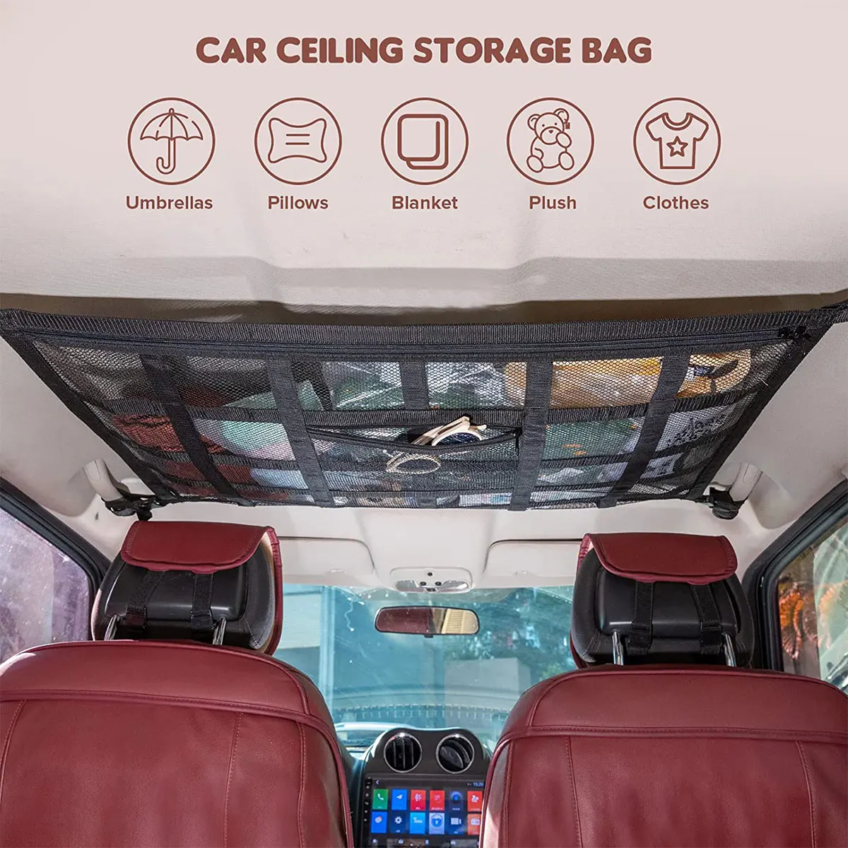 Car Strong Net Bag Load-Bearing Mesh Car Roof Storage Capacity Car Ceiling Auto Accessories Organizer Large Journey Space Saving