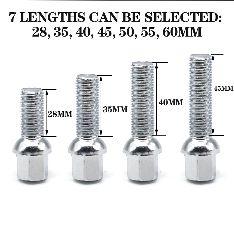 5Piece 28/35/40/45/50/55/60mm Lengthen Steel Wheel Bolts M14 X 1.5 12X1.5mm WHEEL NUTS SEAT SUIT FOR VW Volkswagen