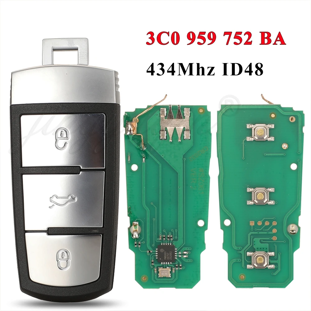 jingyuqin 5pcs 3C0959752BA Remote Car Key Fob 434Mhz ID48 Chip For Volkswagen fit VW Passat B6 3C B7 Magotan CC 3 Buttons
