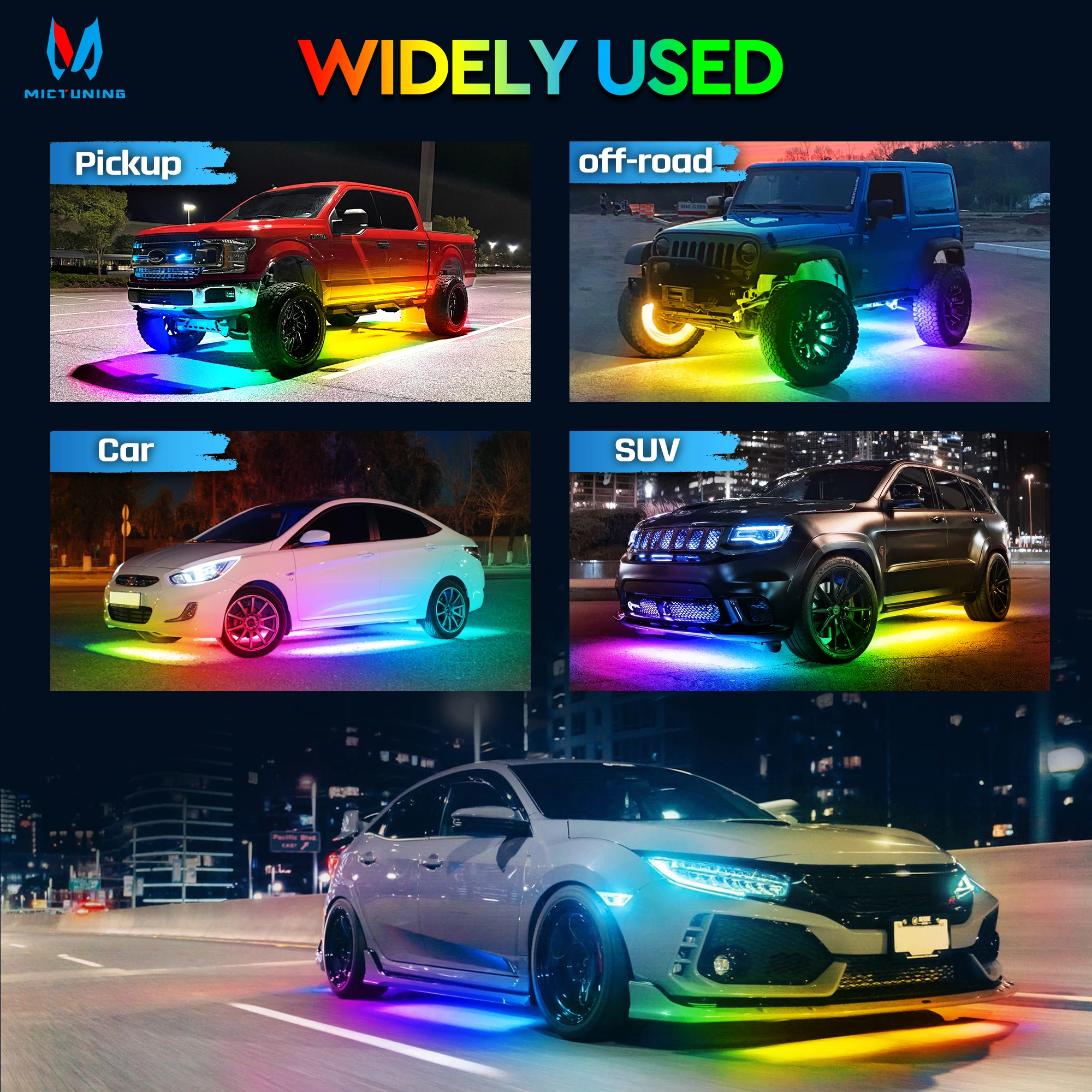 N8 Car Underglow Light Bar Kit, RGB+IC LED, Exterior Underbody Multicolor Neon Light Strip, Wireless App & Remote Control