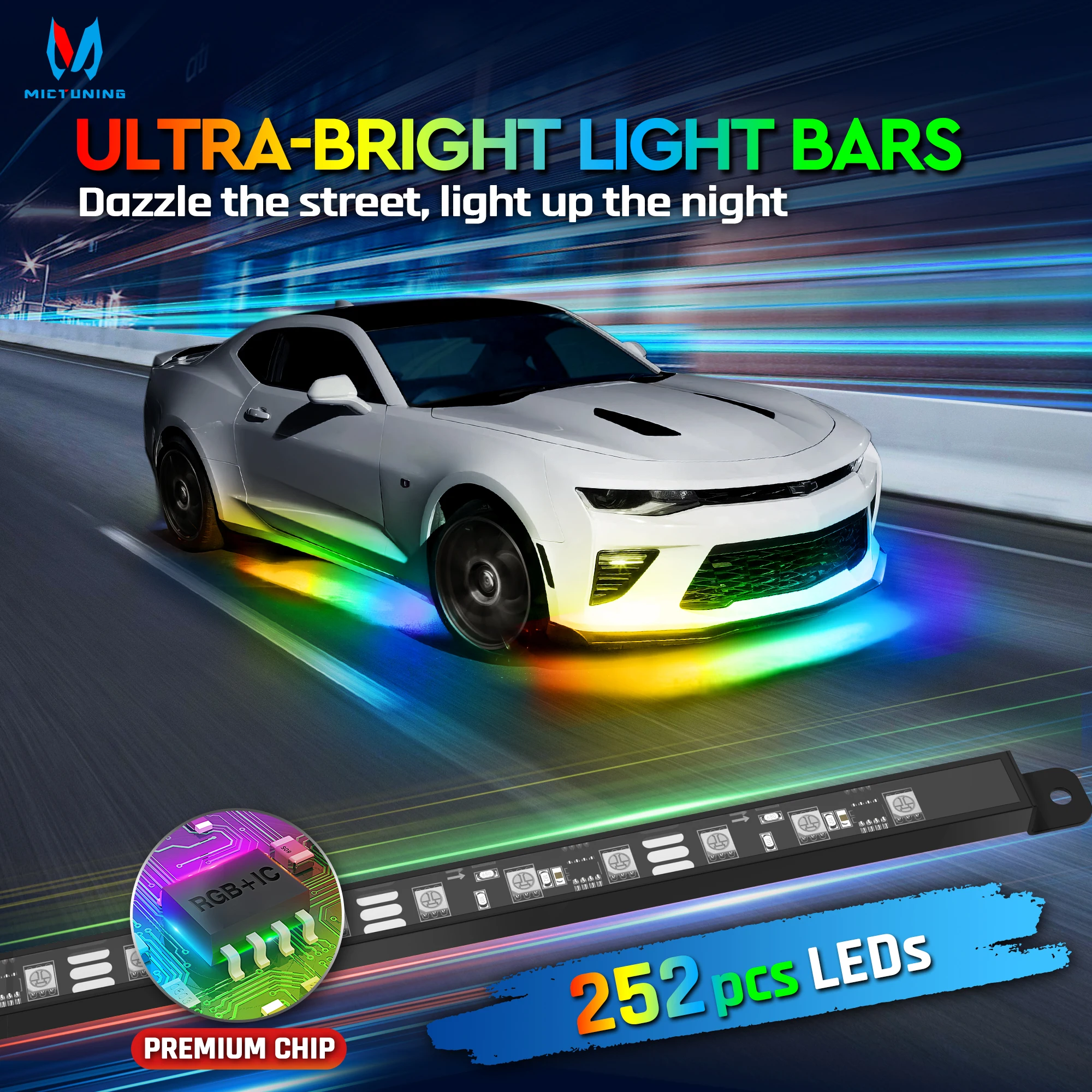 N8 Car Underglow Light Bar Kit, RGB+IC LED, Exterior Underbody Multicolor Neon Light Strip, Wireless App & Remote Control
