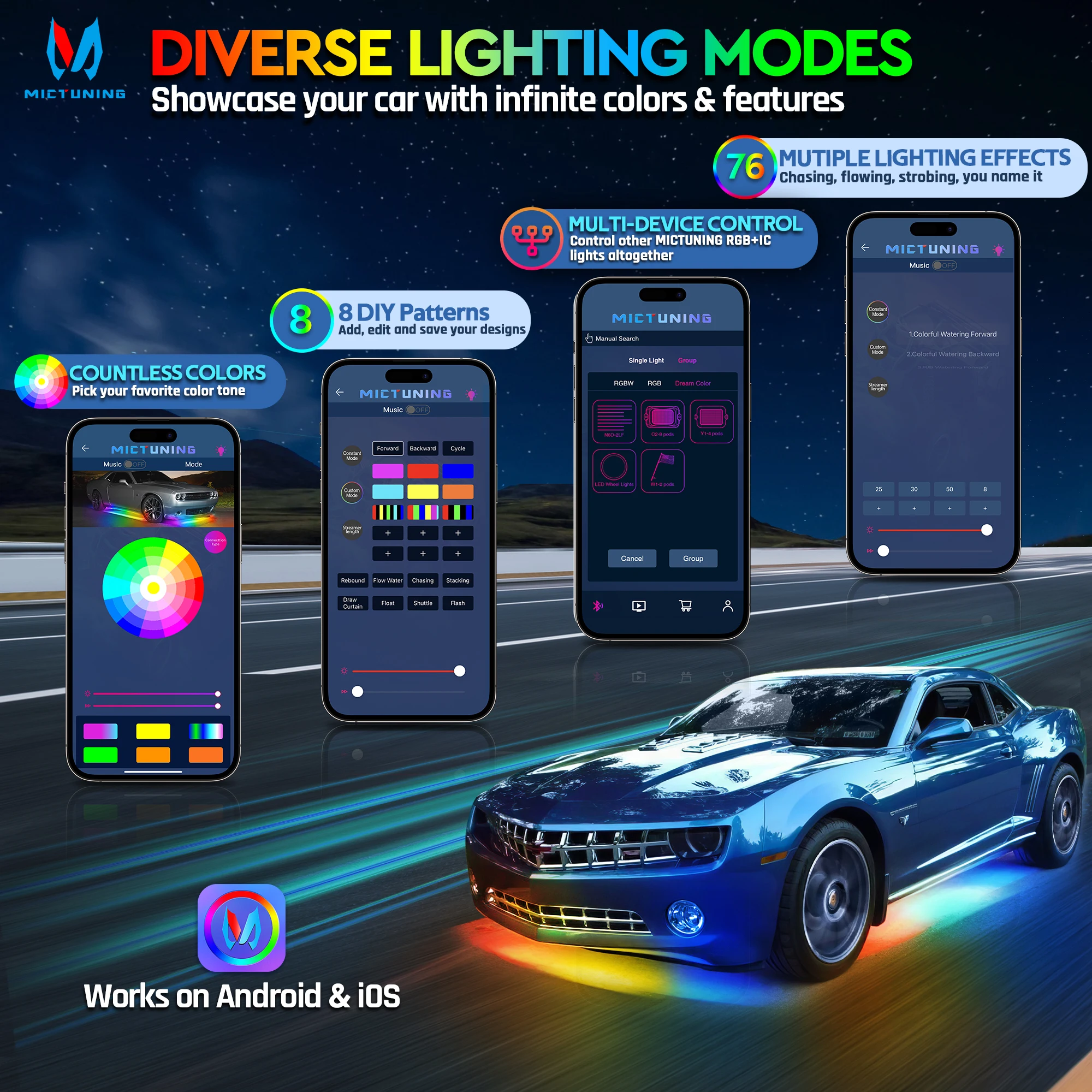 N8 Car Underglow Light Bar Kit, RGB+IC LED, Exterior Underbody Multicolor Neon Light Strip, Wireless App & Remote Control