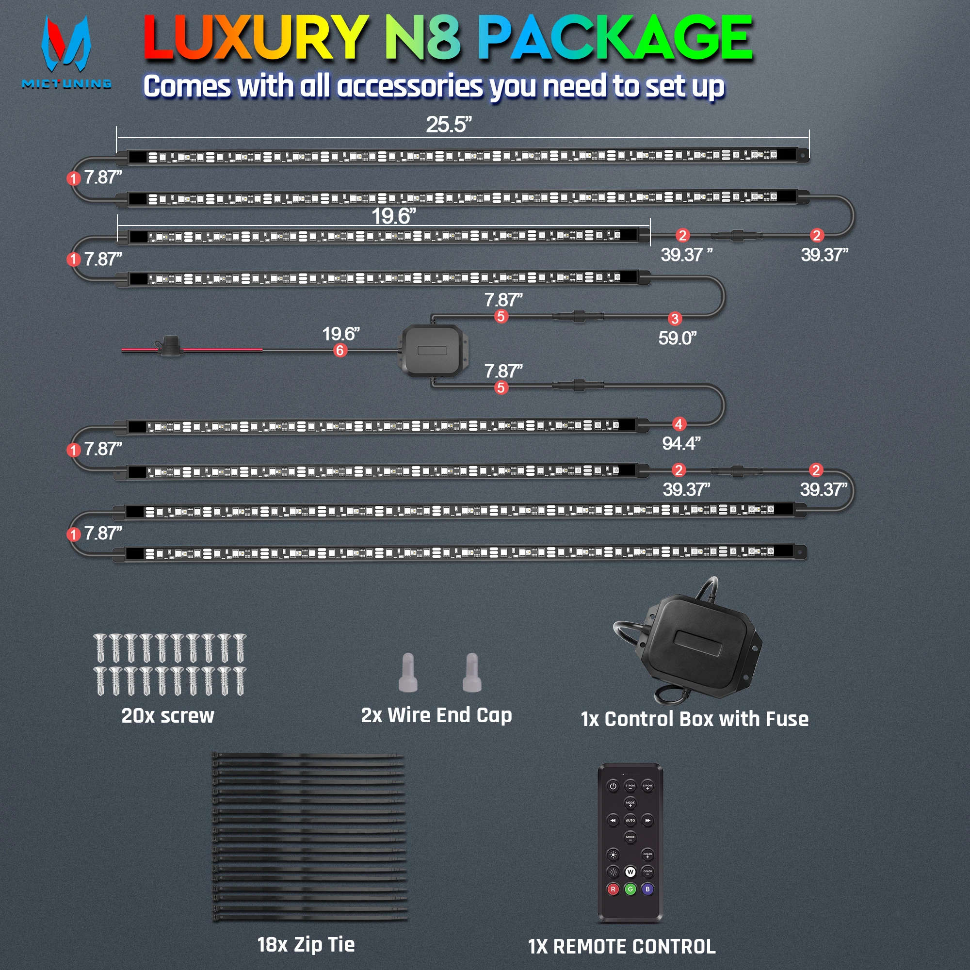 N8 Car Underglow Light Bar Kit, RGB+IC LED, Exterior Underbody Multicolor Neon Light Strip, Wireless App & Remote Control