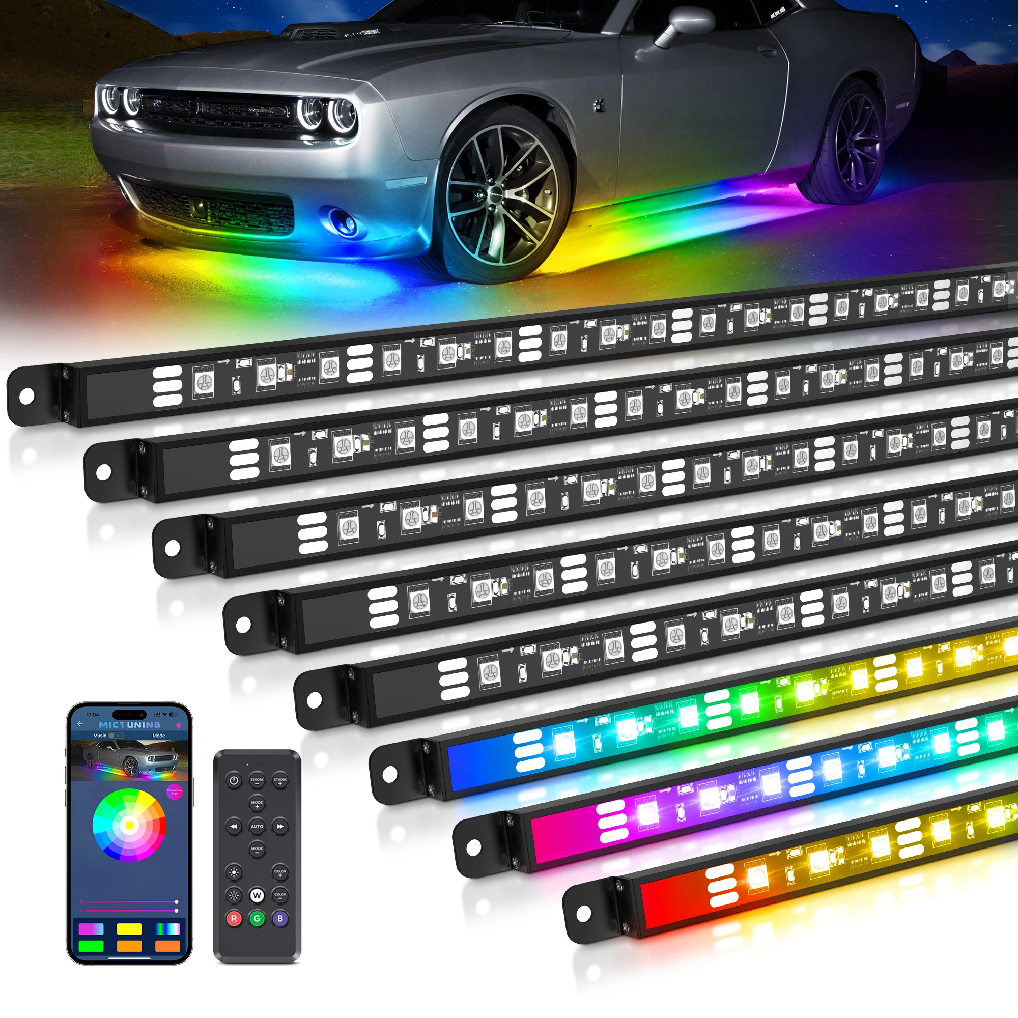 N8 Car Underglow Light Bar Kit, RGB+IC LED, Exterior Underbody Multicolor Neon Light Strip, Wireless App & Remote Control