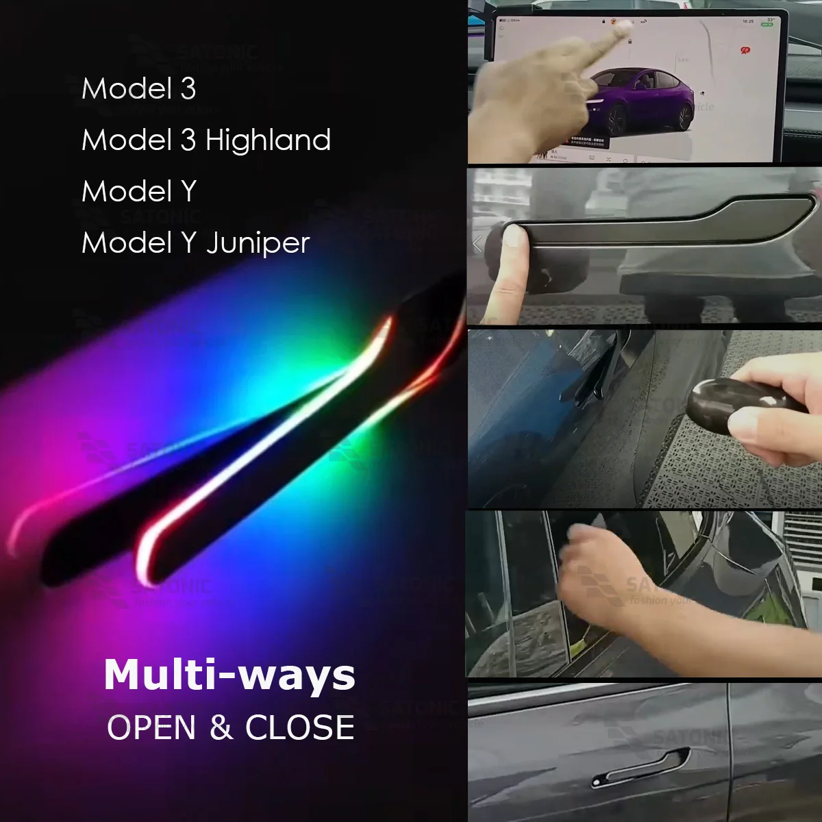 SATONIC Wireless Auto Self-presenting Door Handles For Tesla Model Y 3 Highland 2026 Juniper Rainbow LED OTA Waterproof IPX6