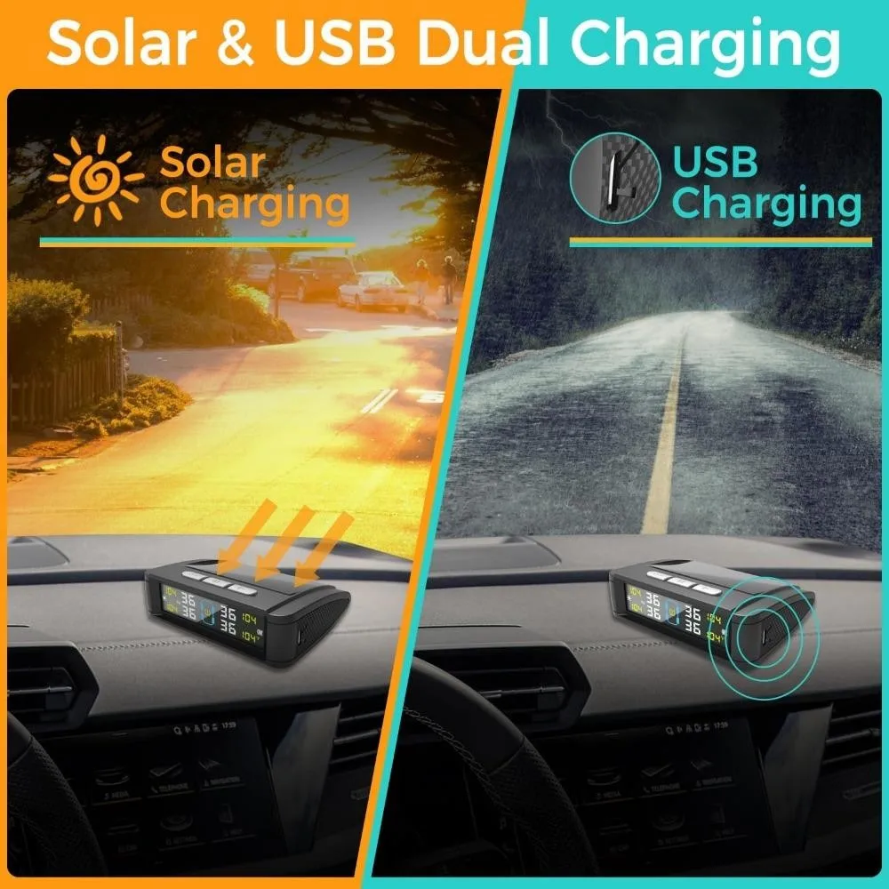Universal TPMS Car Tire Pressure Alarm Monitor System 4 Sensors Display Solar Intelligent Tyre Pressure Temperature Warning