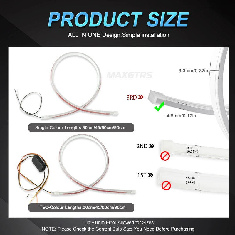 2x Ultrafine DRL 30 45 60cm Daytime Running Light Universial Flexible Soft Tube Guide Car LED Strip White Red Blue Yellow Light