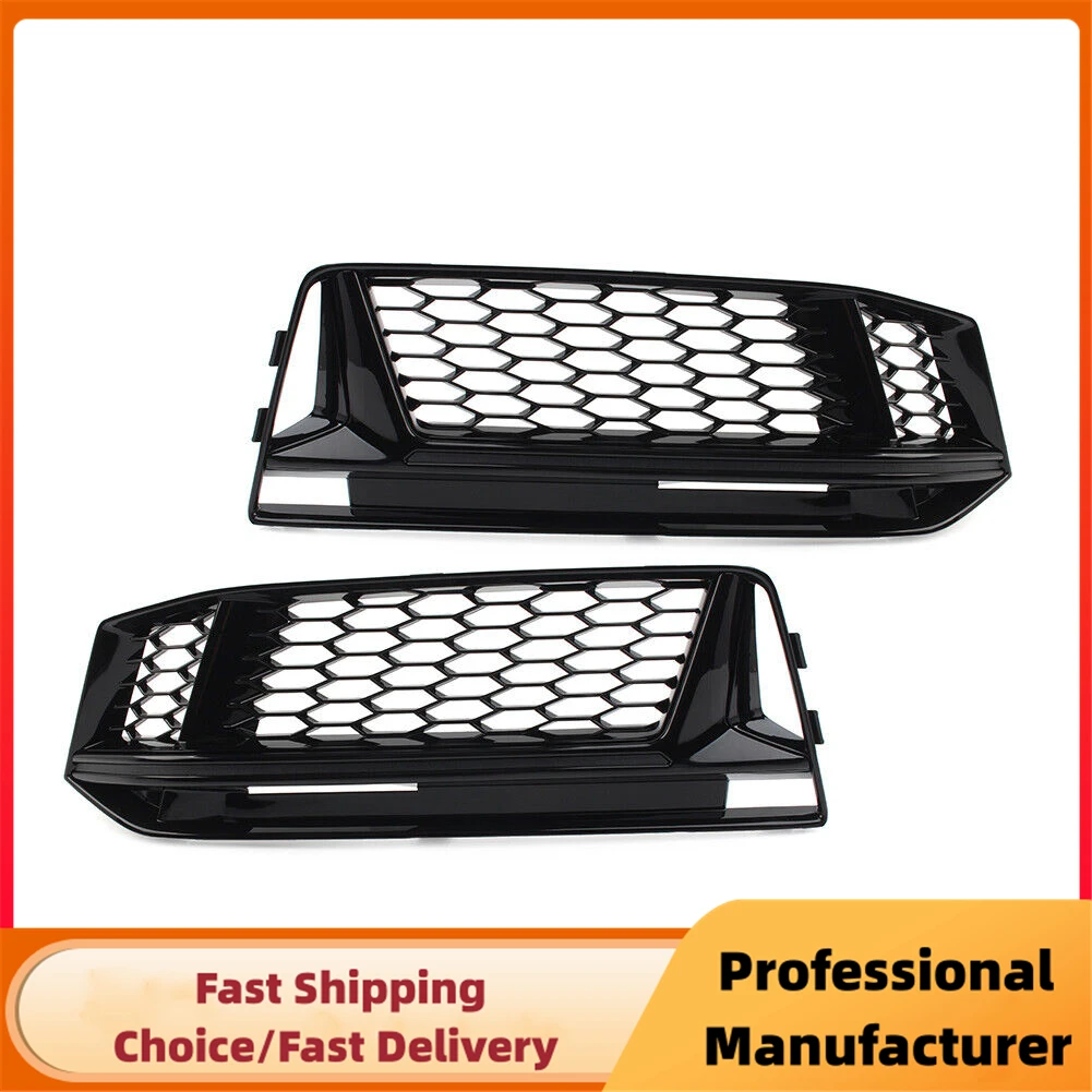 Glossy Black Front Bumper Fog Light Grille For Audi A4 For S4 B9 S-line 2016-2018 Honeycomb Mesh Pair Fog Lamp Cover