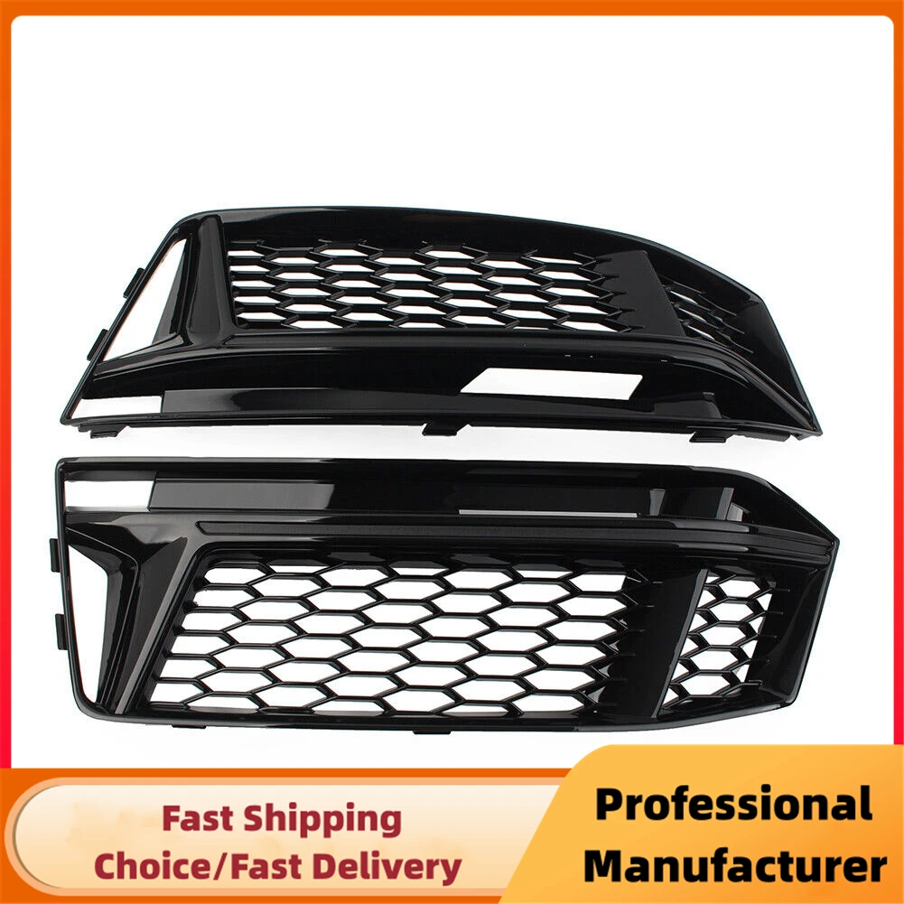 Glossy Black Front Bumper Fog Light Grille For Audi A4 For S4 B9 S-line 2016-2018 Honeycomb Mesh Pair Fog Lamp Cover