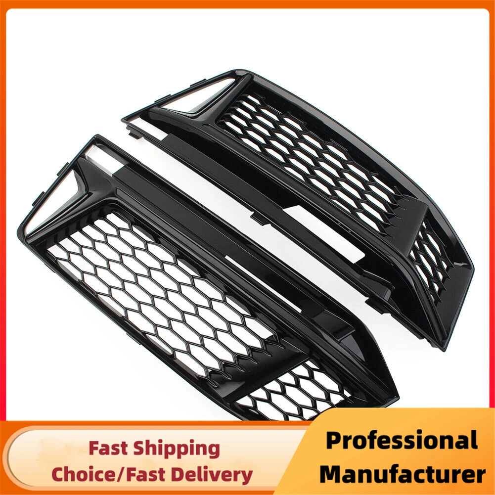 Glossy Black Front Bumper Fog Light Grille For Audi A4 For S4 B9 S-line 2016-2018 Honeycomb Mesh Pair Fog Lamp Cover