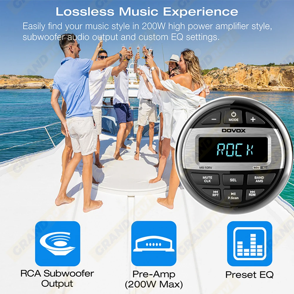 GRANDnavi Bluetooth Marine Stereo Boat Radio Waterproof FM AM Digital Media Audio Player For Yacht Gauge ATV UTV Cart Motorcycle