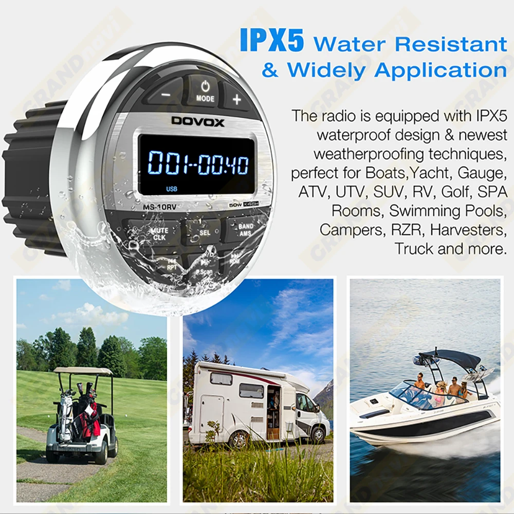 GRANDnavi Bluetooth Marine Stereo Boat Radio Waterproof FM AM Digital Media Audio Player For Yacht Gauge ATV UTV Cart Motorcycle