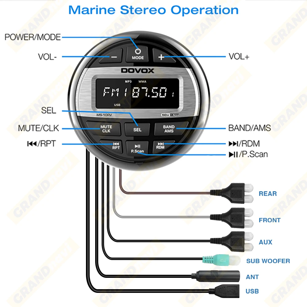 GRANDnavi Bluetooth Marine Stereo Boat Radio Waterproof FM AM Digital Media Audio Player For Yacht Gauge ATV UTV Cart Motorcycle