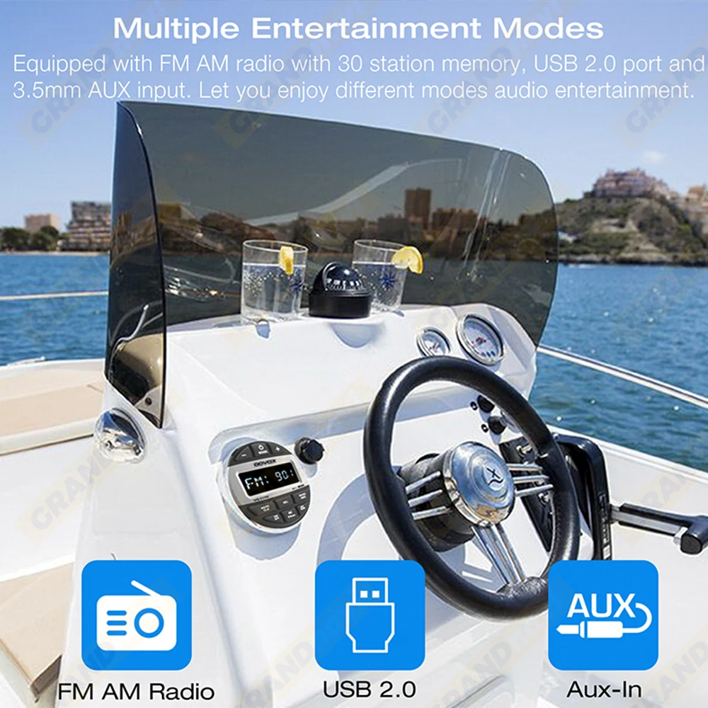 GRANDnavi Bluetooth Marine Stereo Boat Radio Waterproof FM AM Digital Media Audio Player For Yacht Gauge ATV UTV Cart Motorcycle