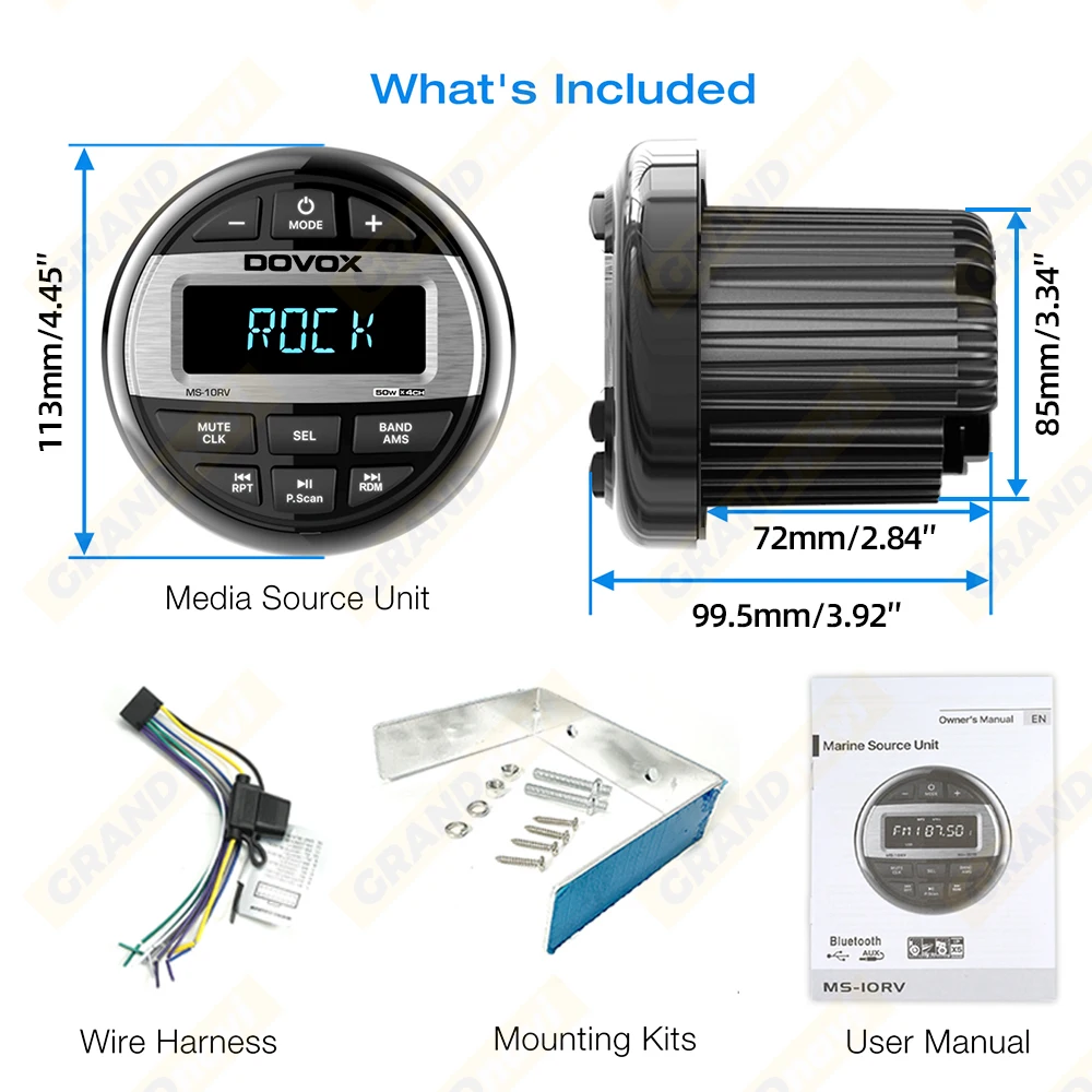 GRANDnavi Bluetooth Marine Stereo Boat Radio Waterproof FM AM Digital Media Audio Player For Yacht Gauge ATV UTV Cart Motorcycle