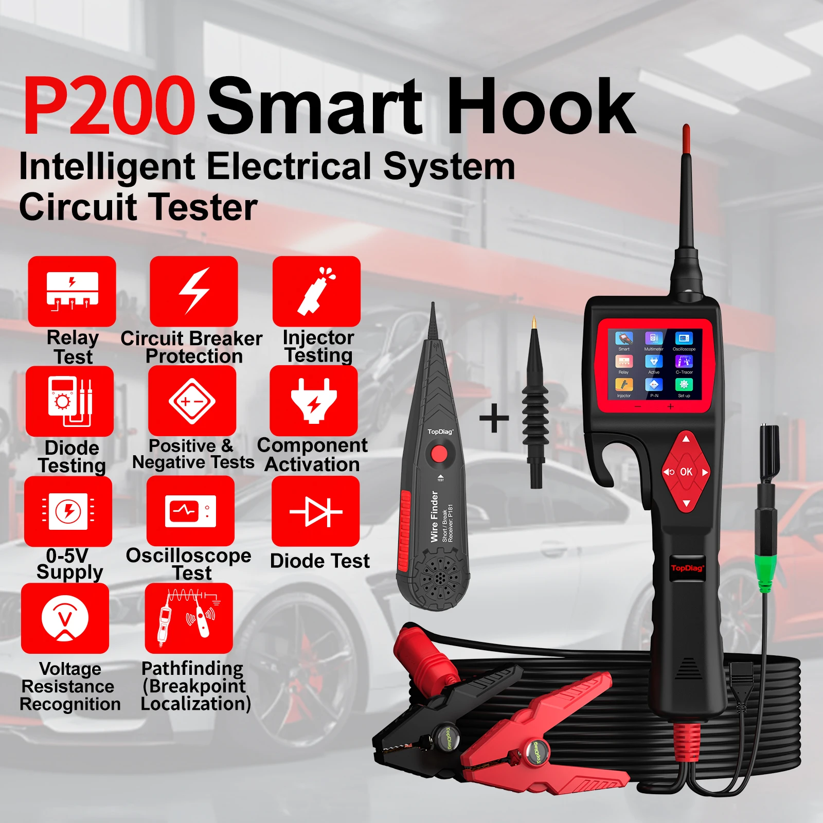 Topdiag P200 9V-30V P100-2M 12&24V Power Probe Automotive Electric Circuit Tester Relay Injector Activating Car Diagnostic Tool