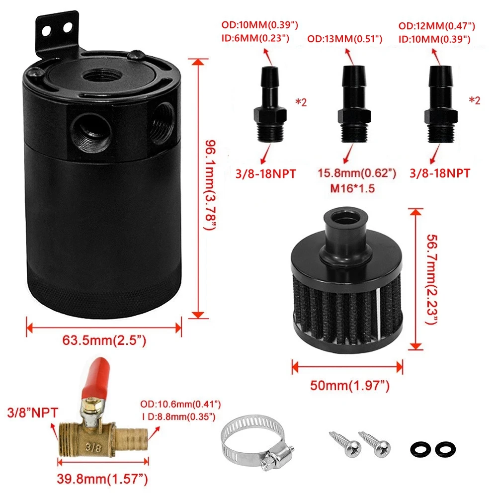 Universal Air Oil Separator Car 2-Port/3-Port Oil Catch Can 1 Outlet+2 Inlet With Breathing Filter And Oil Drain Valve Filter