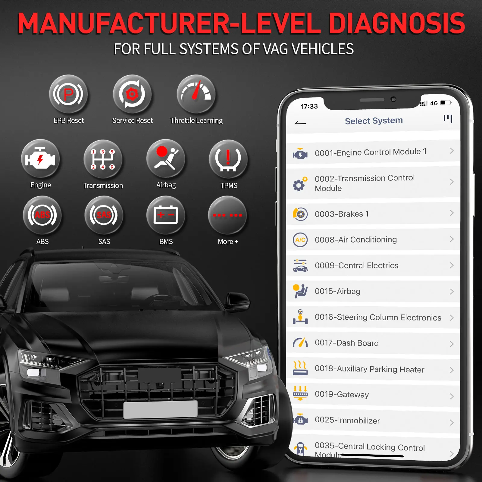 ANCEL BD500 OBD2 Bluetooth 5.0 Scanner All System Car Code Reader with EPB /Throttle Learning for VW Audi Service Seat Skoda